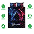 DJ quilt bedding set shown with matching pillows, vivid club lighting artwork, and product feature icons