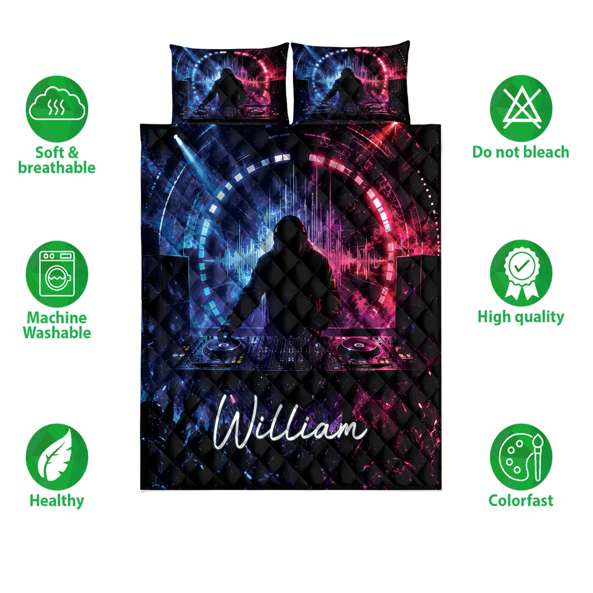 DJ quilt bedding set shown with matching pillows, vivid club lighting artwork, and product feature icons