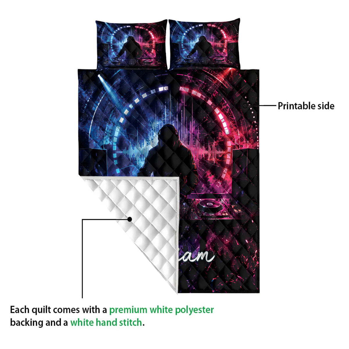 DJ quilt blanket showing the vibrant printed side and quilted white polyester backing