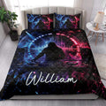 DJ quilt bedding styled in a bright bedroom with turntables, speakers, and blue and magenta artwork