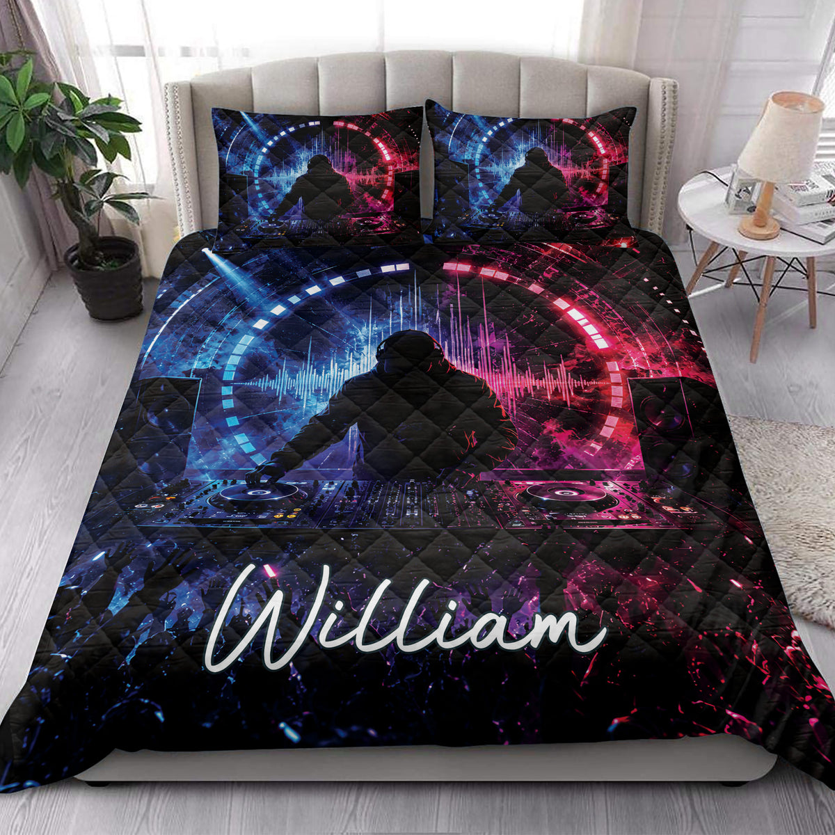 DJ quilt bedding styled in a bright bedroom with turntables, speakers, and blue and magenta artwork