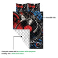 DJ quilt showing printed turntable artwork and a close view of the white quilted backing