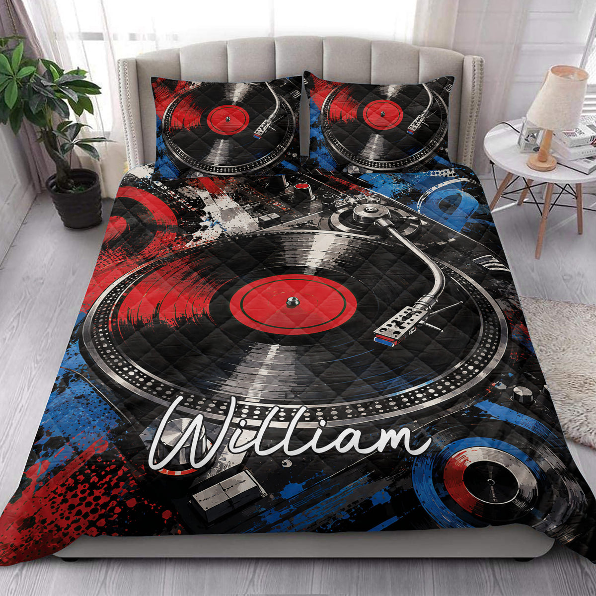 DJ quilt blanket styled in a bright bedroom with turntables, vinyl records, and vivid music-themed artwork