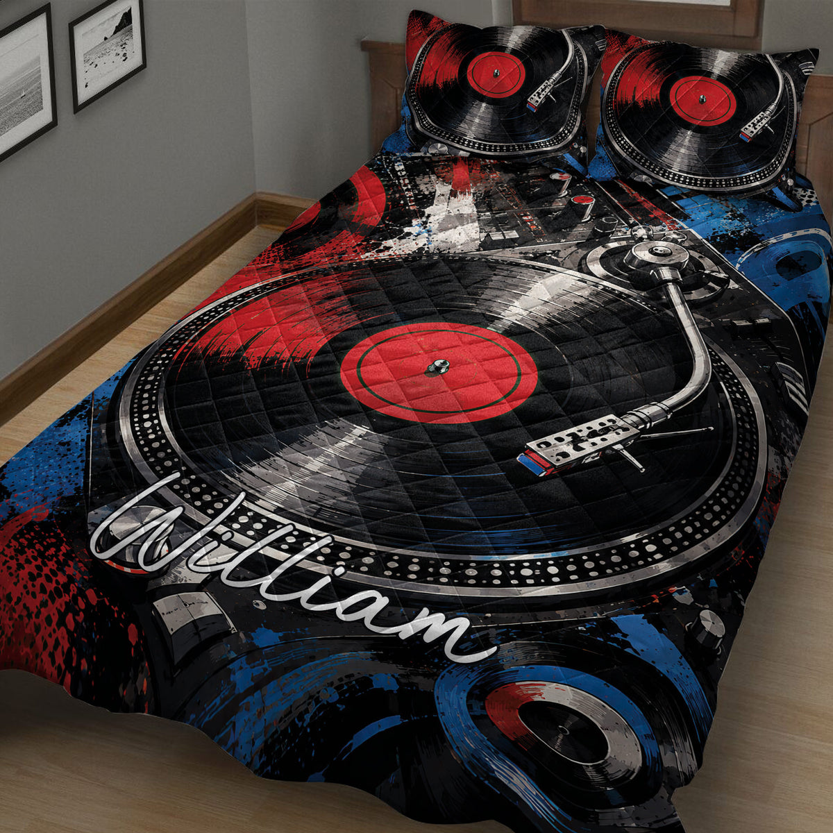 Close-up DJ quilt blanket with turntable, vinyl record, mixing console, and red and blue graffiti-style details