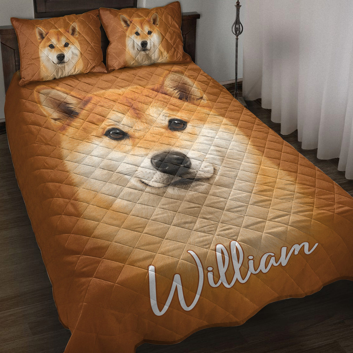Shiba Inu quilt blanket displayed on a bed with matching dog portrait pillow designs