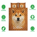 Shiba Inu quilt bedding set with a large dog portrait and feature icons around the design