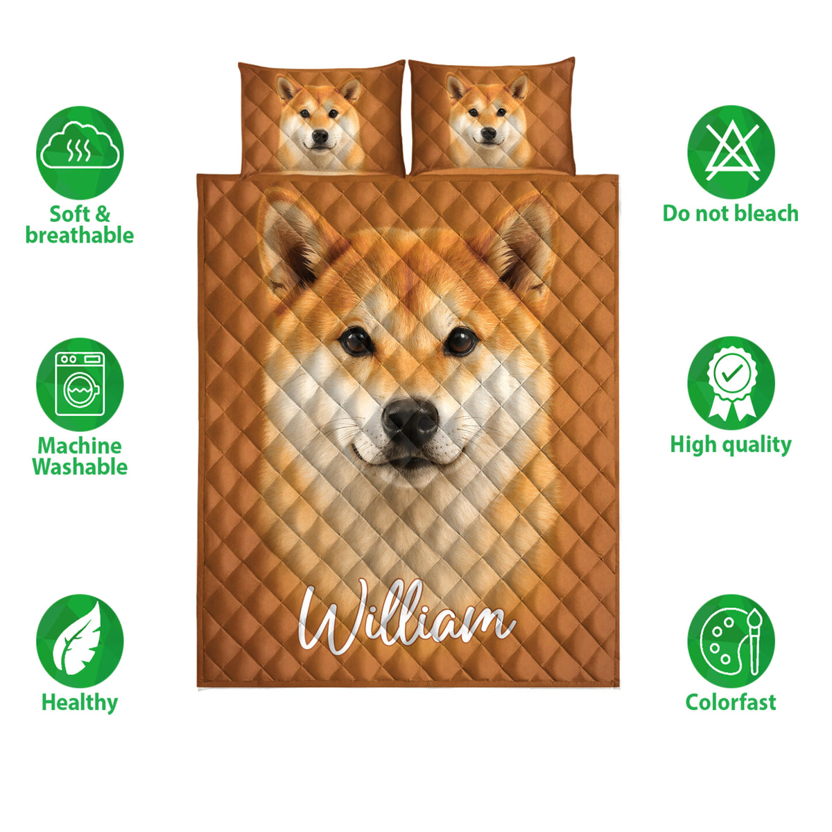 Shiba Inu quilt bedding set with a large dog portrait and feature icons around the design