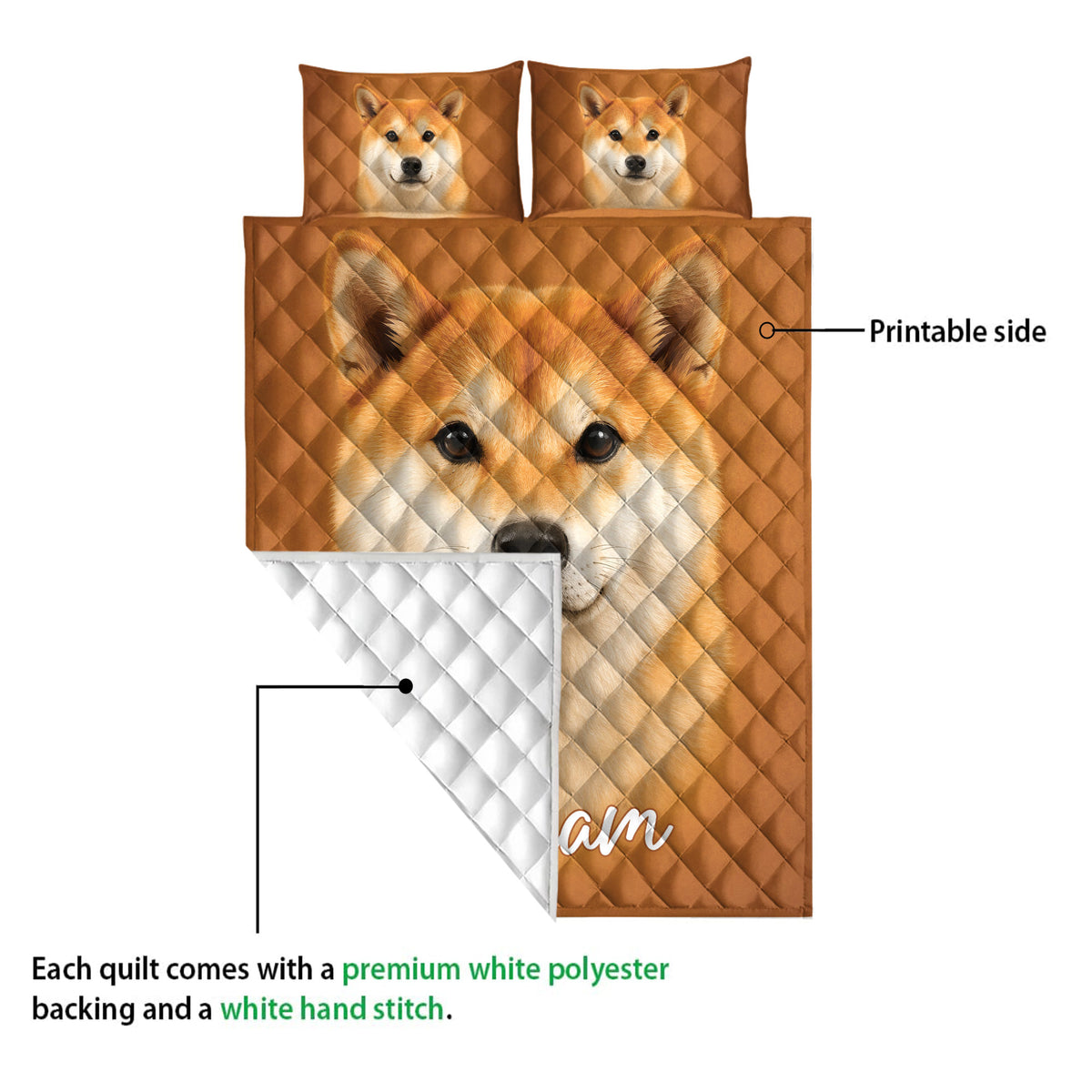 Shiba Inu quilt showing the printed front artwork and white quilted backing detail