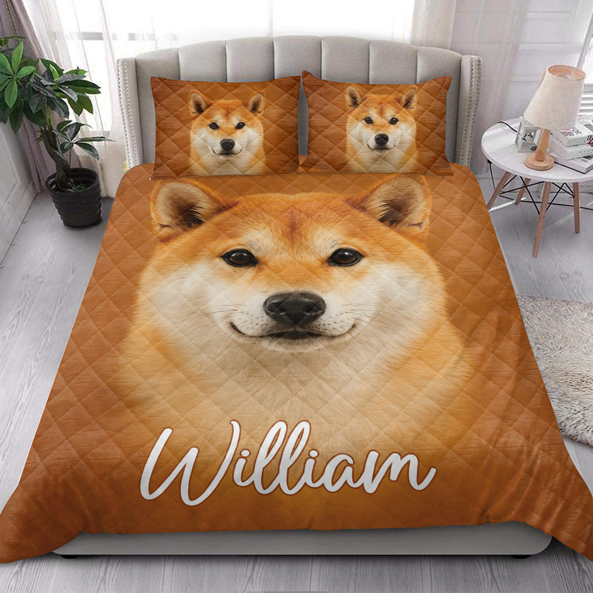 Shiba Inu quilt blanket styled in a bright bedroom with matching dog portrait pillows