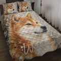 Shiba Inu quilt blanket spread across a bed with matching dog portrait pillow designs