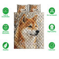 Shiba Inu quilt bedding set shown with matching pillow designs and product feature icons