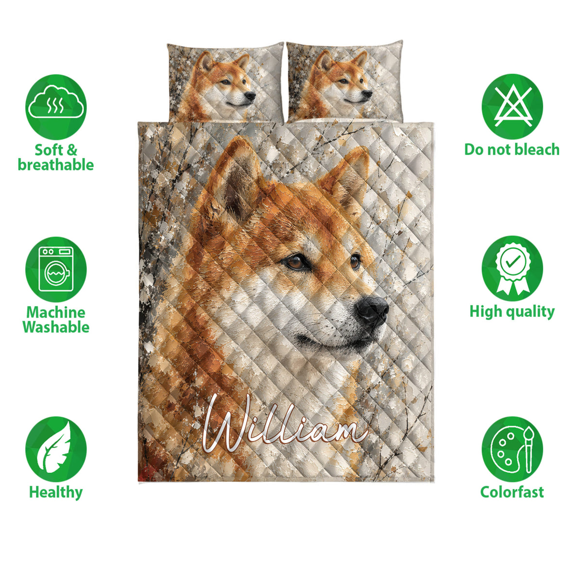 Shiba Inu quilt bedding set shown with matching pillow designs and product feature icons