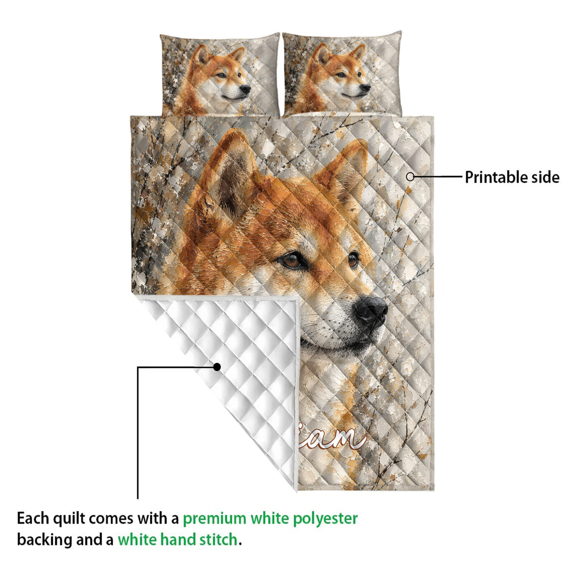 Shiba Inu quilt blanket detail showing the printed front and white diamond-stitched backing