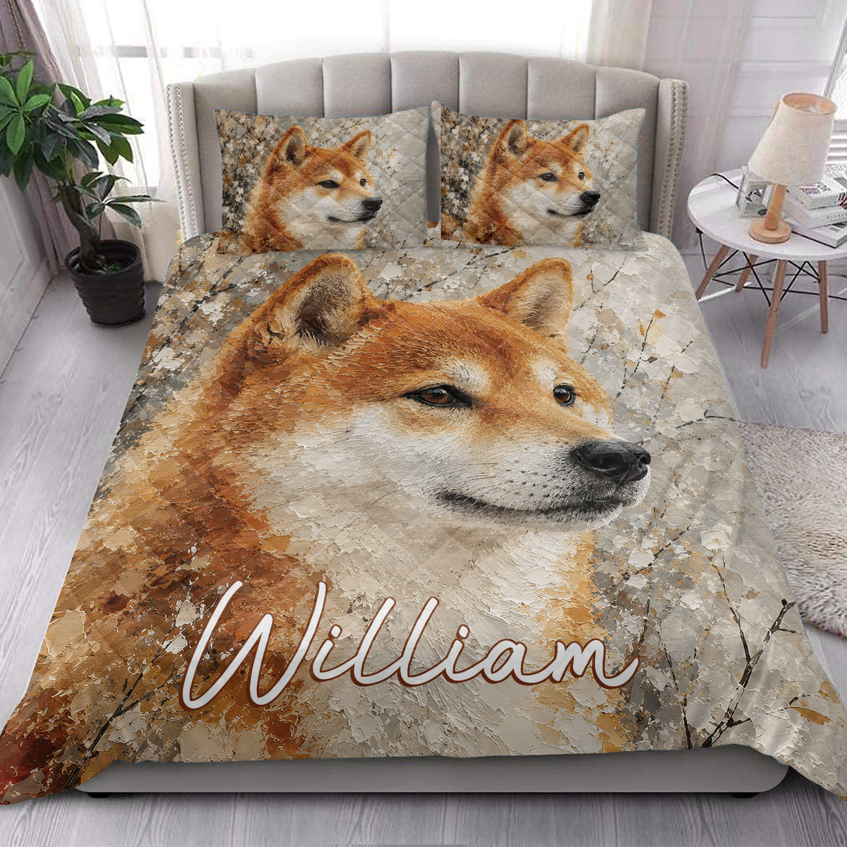 Shiba Inu quilt bedding styled in a bright bedroom with a large illustrated dog portrait