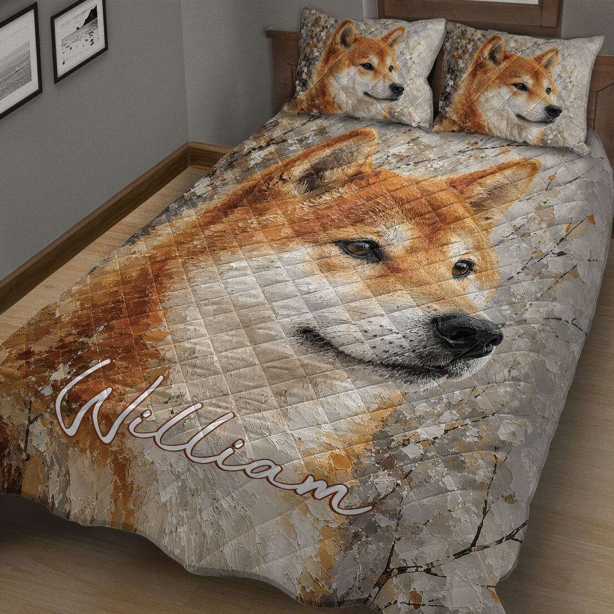 Close bedroom view of a Shiba Inu quilt blanket with matching pillow artwork