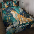 Shiba Inu quilt blanket bedding set on a bed with teal marble, moonlit, and gold botanical artwork