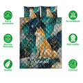 Shiba Inu quilt bedding set displayed with soft breathable, washable, and colorfast feature icons