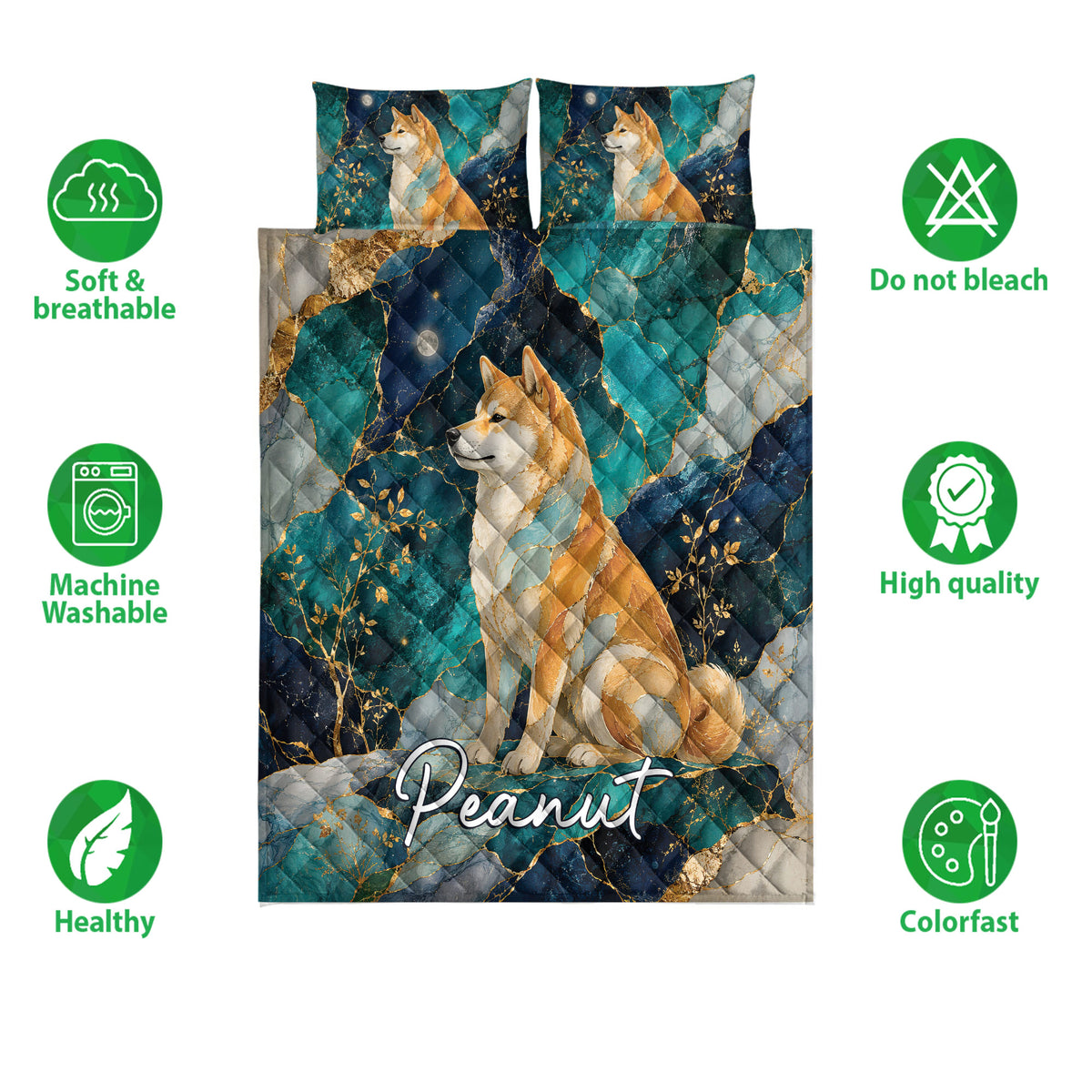Shiba Inu quilt bedding set displayed with soft breathable, washable, and colorfast feature icons