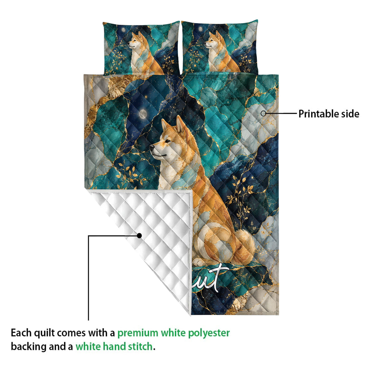 Shiba Inu quilt blanket showing the printed side and diamond-stitched quilt backing