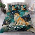 Shiba Inu quilt bedding set styled in a bright bedroom with teal and navy decorative artwork