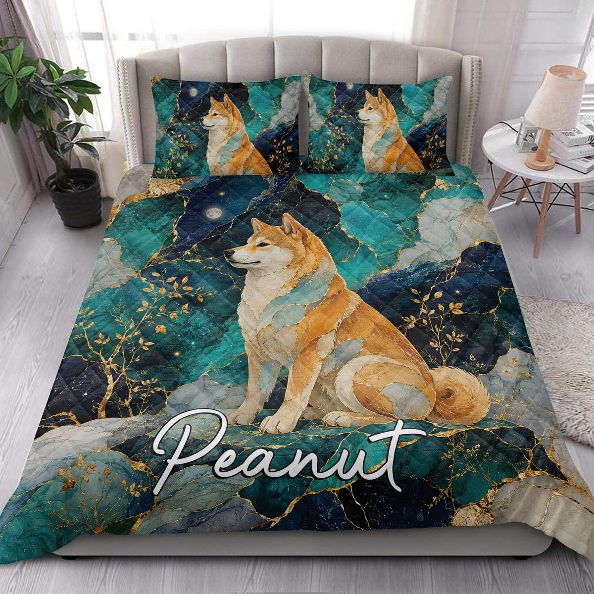Shiba Inu quilt bedding set styled in a bright bedroom with teal and navy decorative artwork