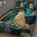 Close view of a Shiba Inu quilt blanket with teal marble patterns, gold branches, and moonlit details