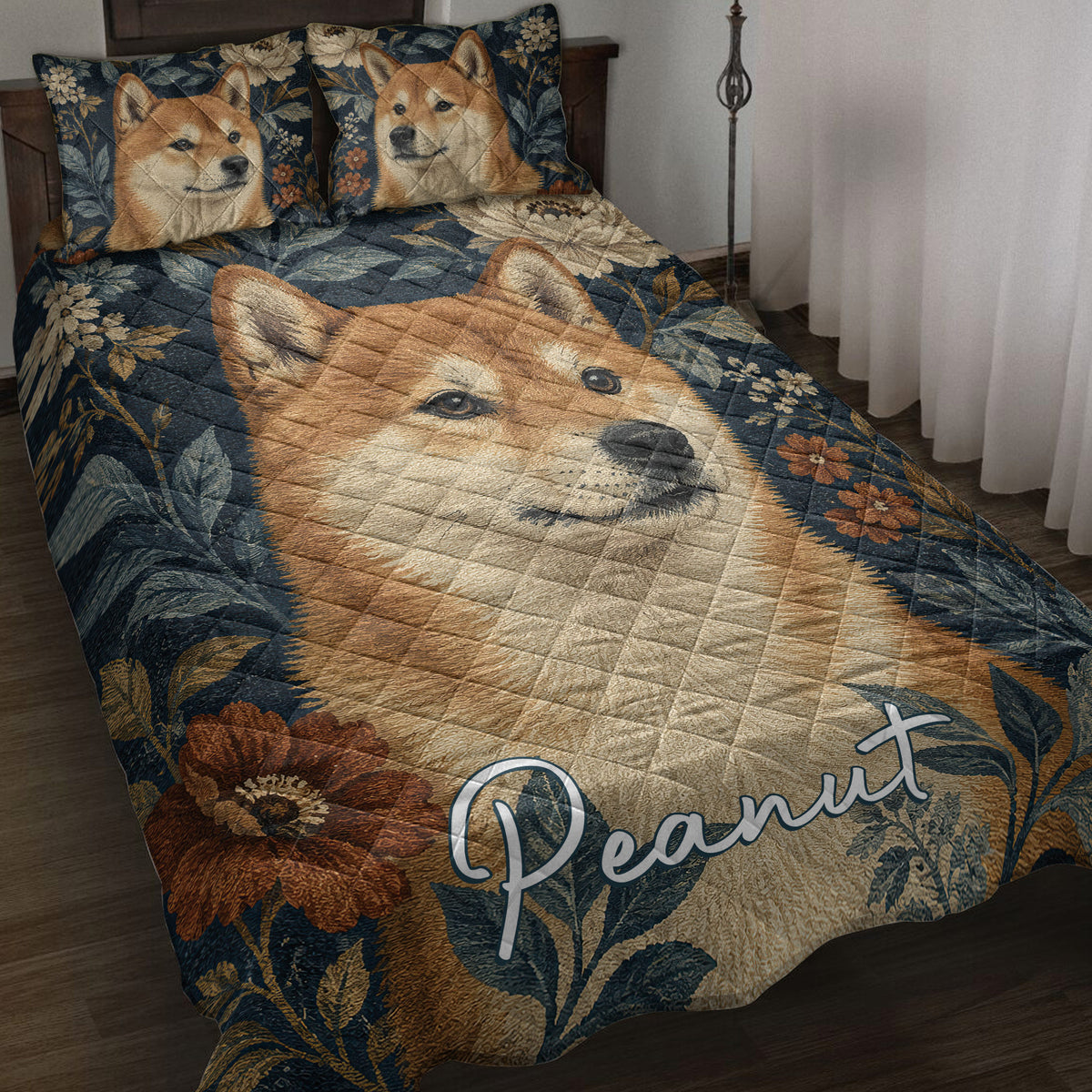 Shiba Inu quilt blanket displayed on a bed with floral artwork and coordinating dog portrait pillows