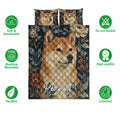 Shiba Inu quilt bedding set with floral dog artwork shown alongside soft, breathable and washable feature icons