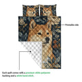 Shiba Inu quilt showing the printed floral artwork and white quilted backing in a construction detail view