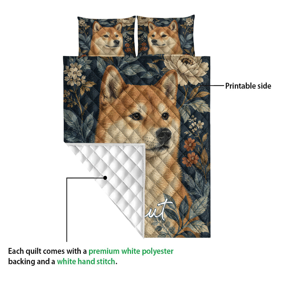 Shiba Inu quilt showing the printed floral artwork and white quilted backing in a construction detail view