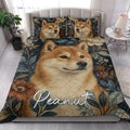 Shiba Inu quilt blanket styled in a bright bedroom with a large dog portrait and floral botanical border