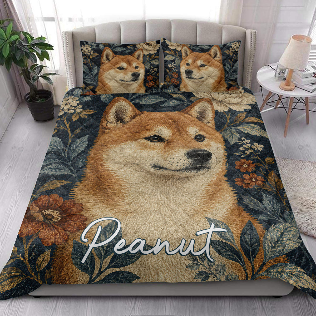 Shiba Inu quilt blanket styled in a bright bedroom with a large dog portrait and floral botanical border