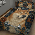 Close view of Shiba Inu quilt bedding with a detailed dog portrait, dark floral background and coordinating pillows