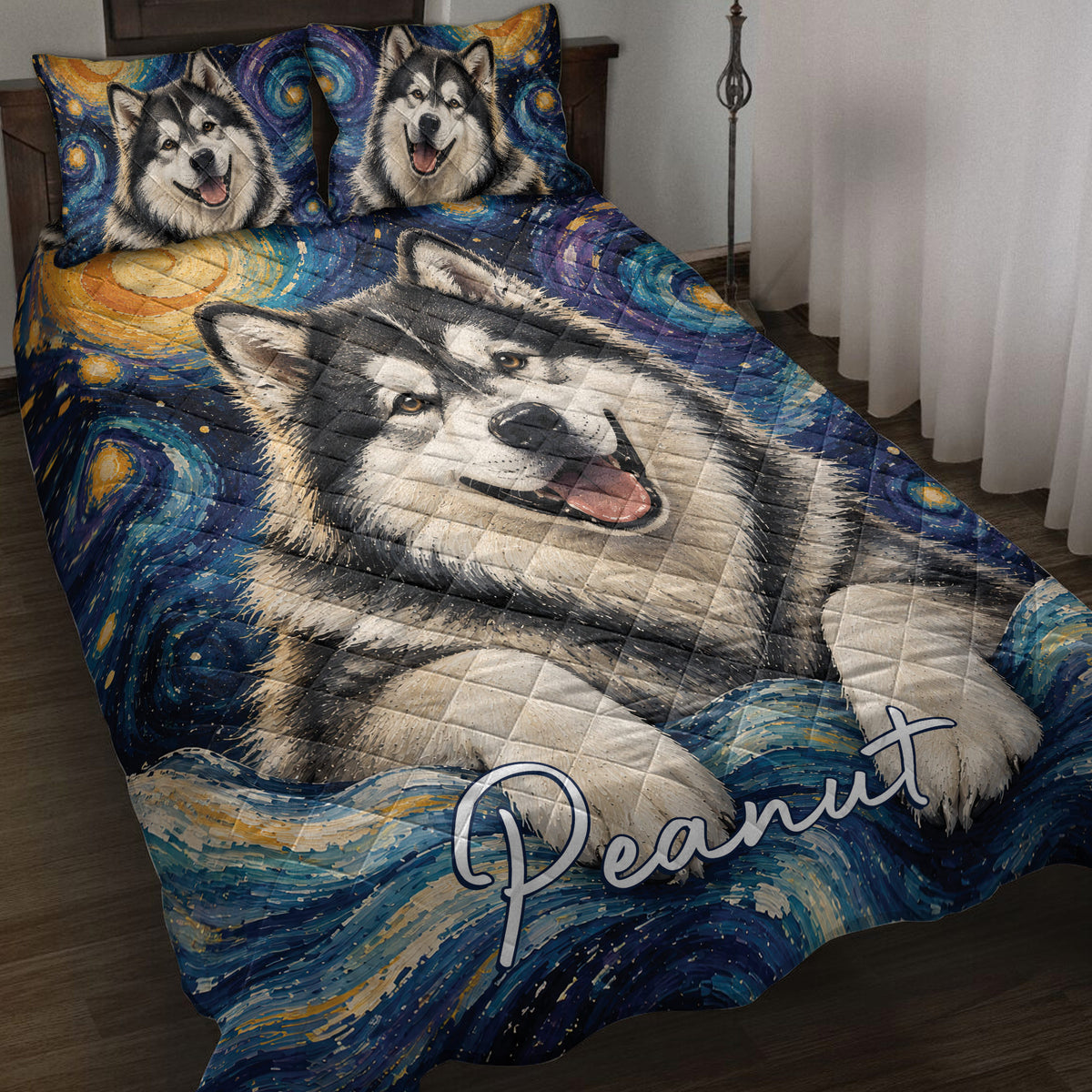Alaskan Malamute quilt blanket displayed on a bed with two matching dog portrait pillows and blue cosmic artwork