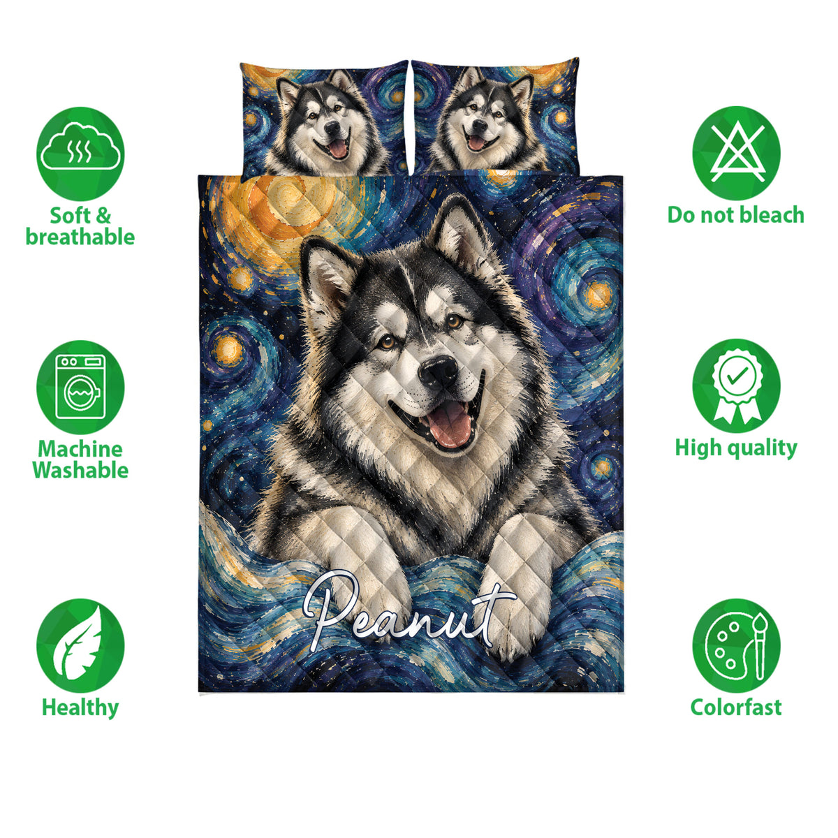 Alaskan Malamute quilt bedding set shown flat with matching dog portraits and colorful swirling blue and gold design