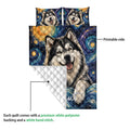 Alaskan Malamute quilt showing the printed dog artwork and a visible white diamond-stitched backing detail