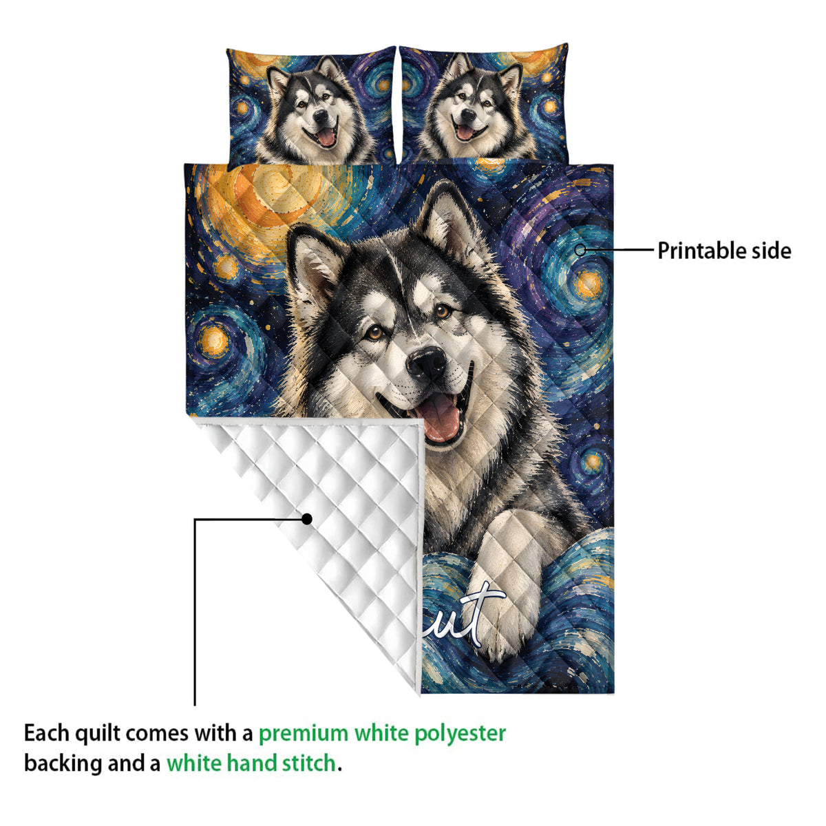 Alaskan Malamute quilt showing the printed dog artwork and a visible white diamond-stitched backing detail