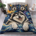 Alaskan Malamute quilt blanket styled in a bright bedroom with a large dog portrait and matching pillows