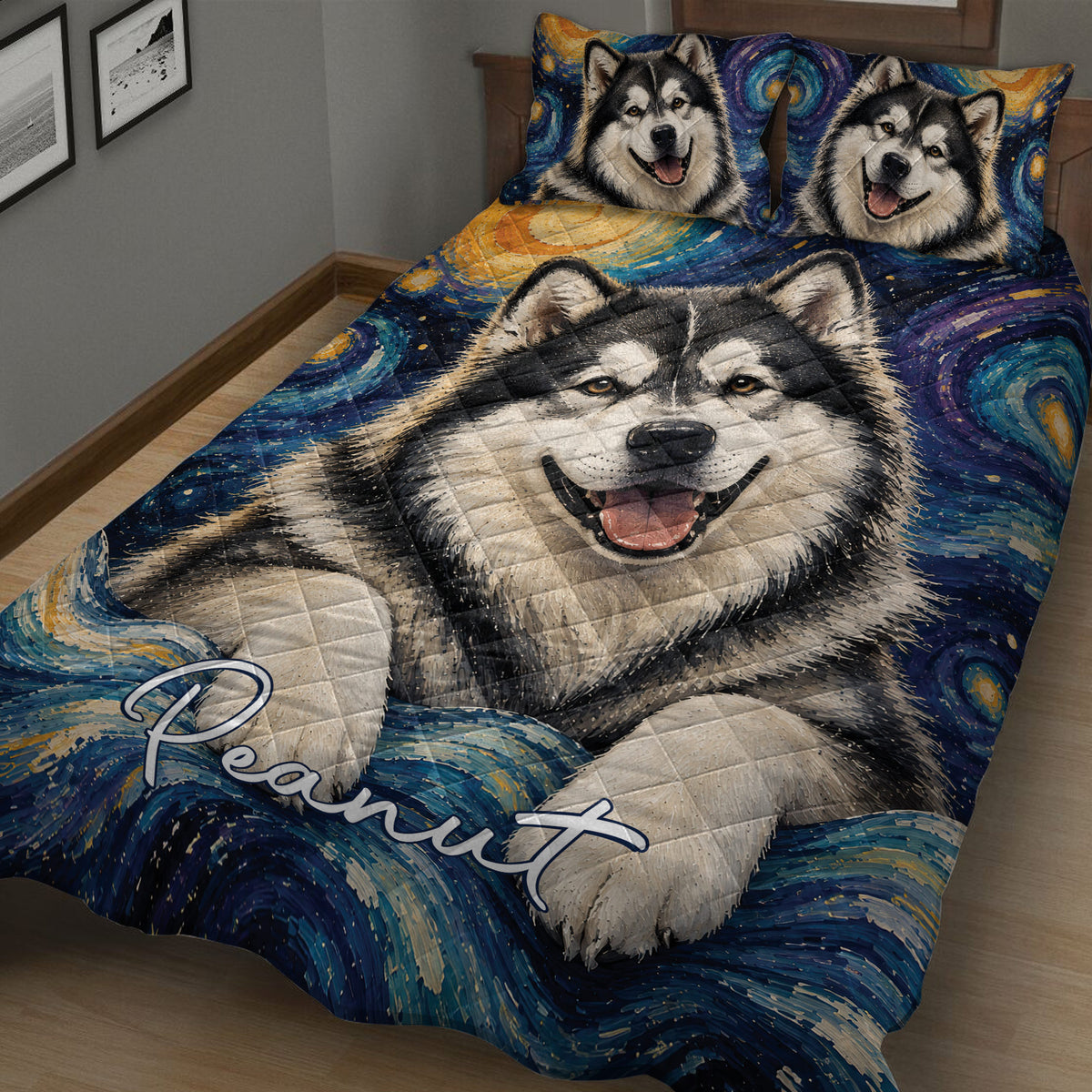 Close-up bedroom view of an Alaskan Malamute quilt blanket featuring a detailed dog portrait and blue artistic background