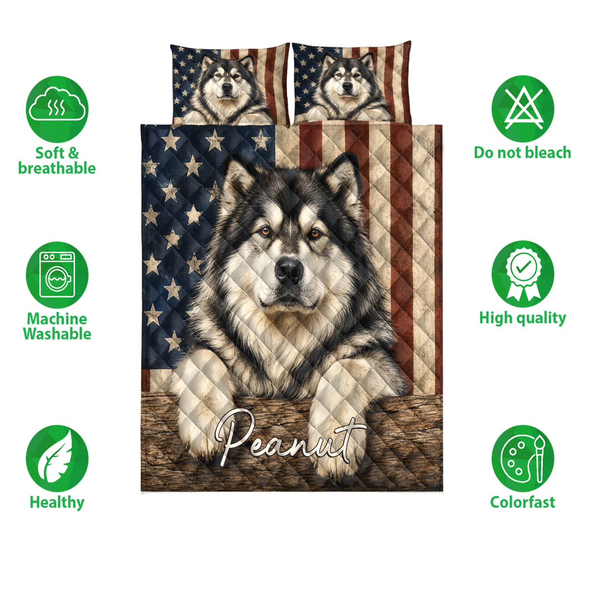 Alaskan Malamute quilt bedding set shown with patriotic artwork and care feature icons