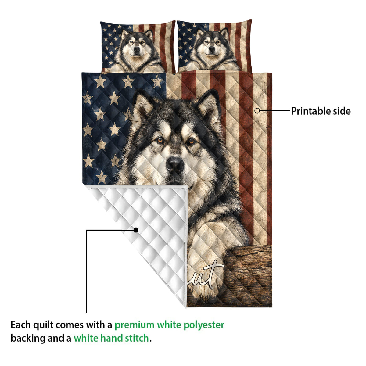 Alaskan Malamute quilt showing the printed front and white diamond-quilted backing