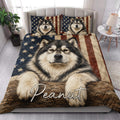 Bedroom scene featuring an Alaskan Malamute quilt blanket with stars and stripes design