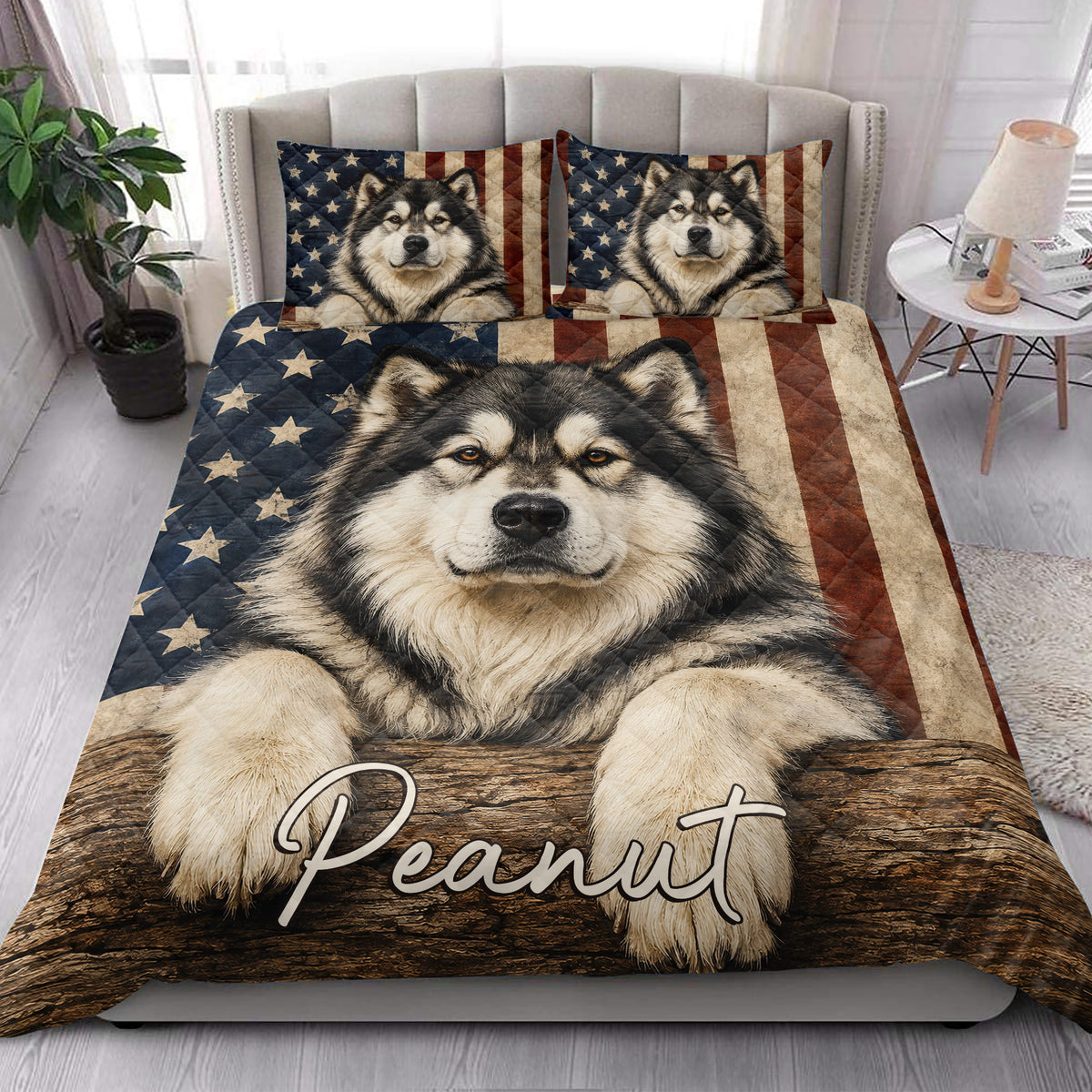 Bedroom scene featuring an Alaskan Malamute quilt blanket with stars and stripes design