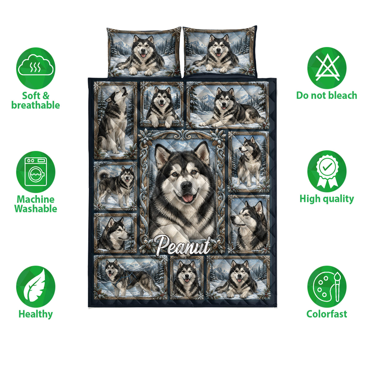 Alaskan Malamute quilt bedding set shown with framed dog portraits and product features