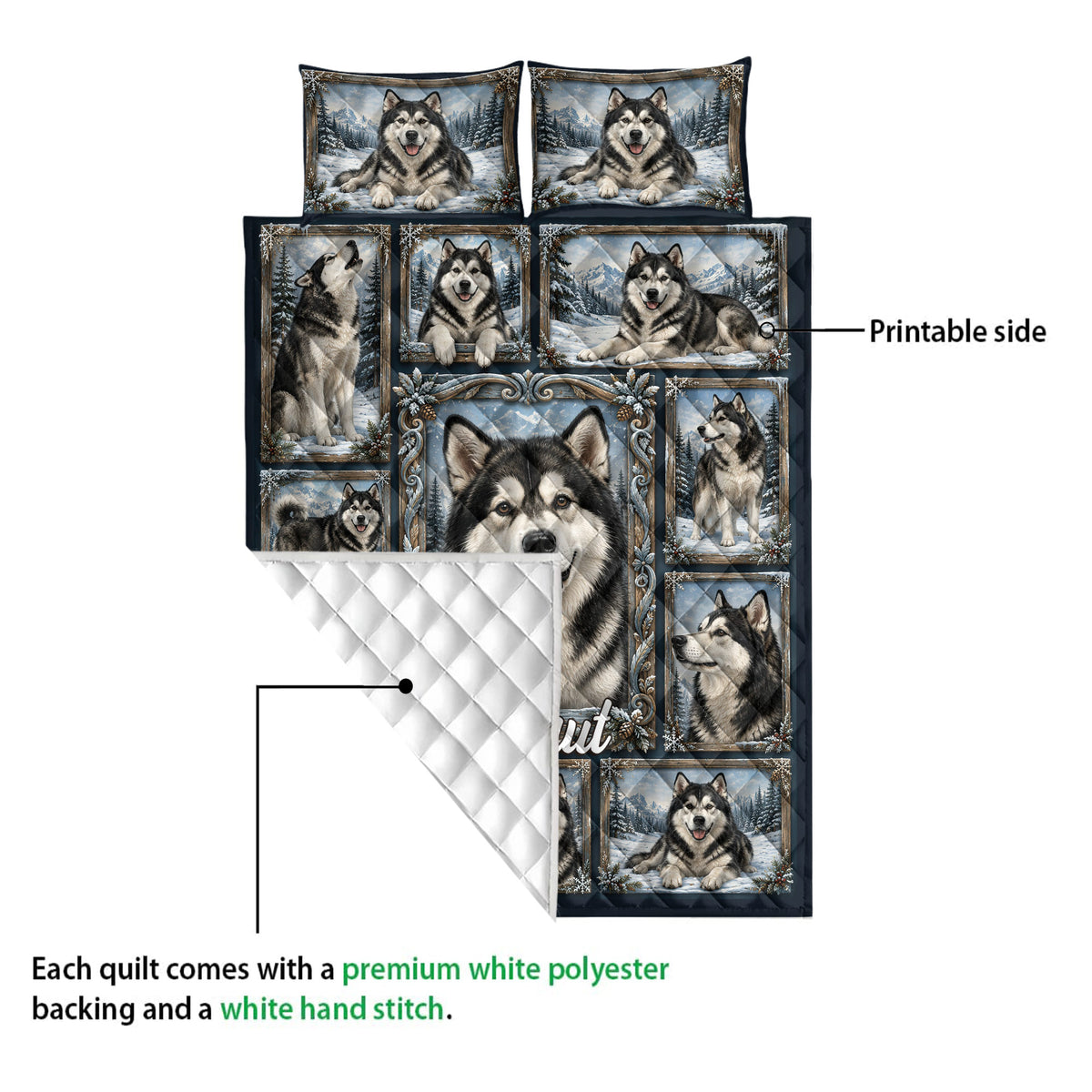 Alaskan Malamute quilt showing the printed front and white quilted backing