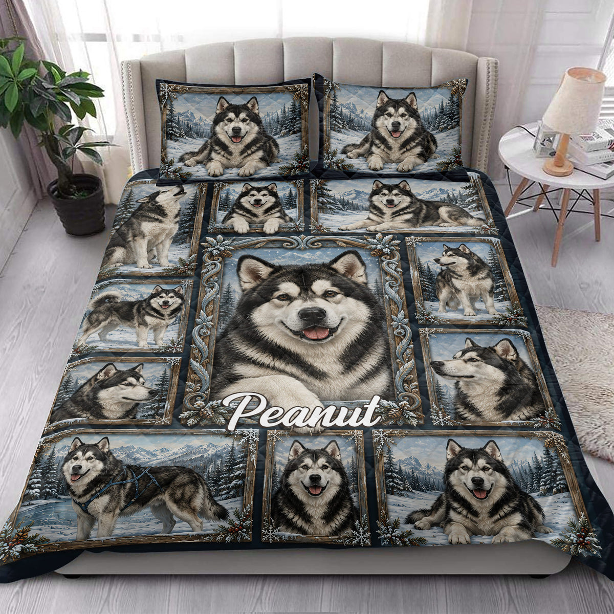 Alaskan Malamute quilt bedding styled in a bright bedroom with matching dog artwork