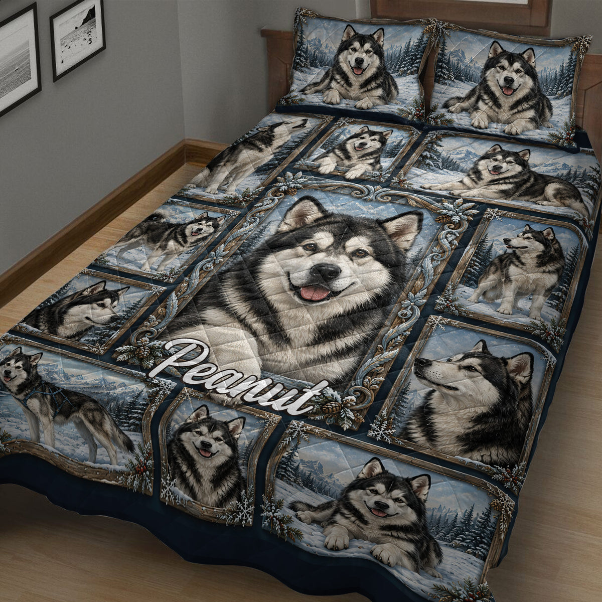 Close bedroom view of an Alaskan Malamute quilt with snowy forest portrait panels