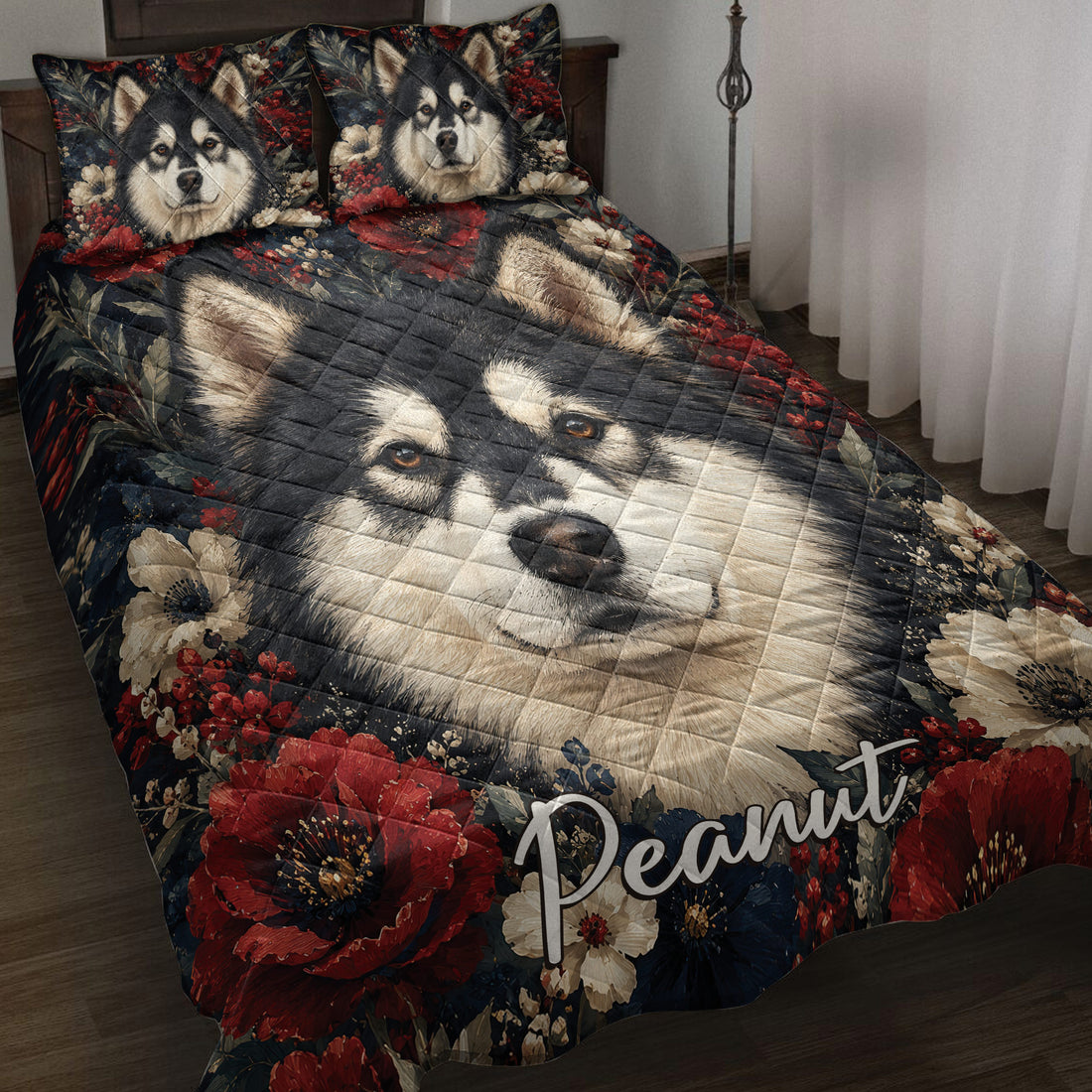 Alaskan Malamute quilt blanket displayed on a bed with floral artwork and coordinated dog portrait pillows