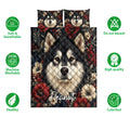 Floral Alaskan Malamute quilt bedding set shown frontally with dog portraits and product feature icons