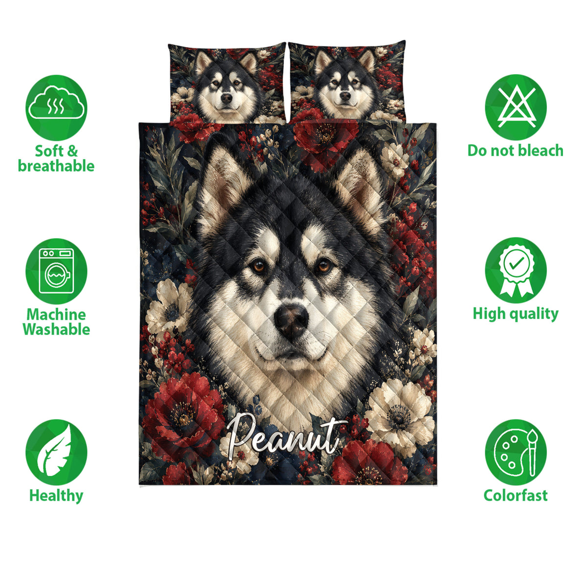 Floral Alaskan Malamute quilt bedding set shown frontally with dog portraits and product feature icons